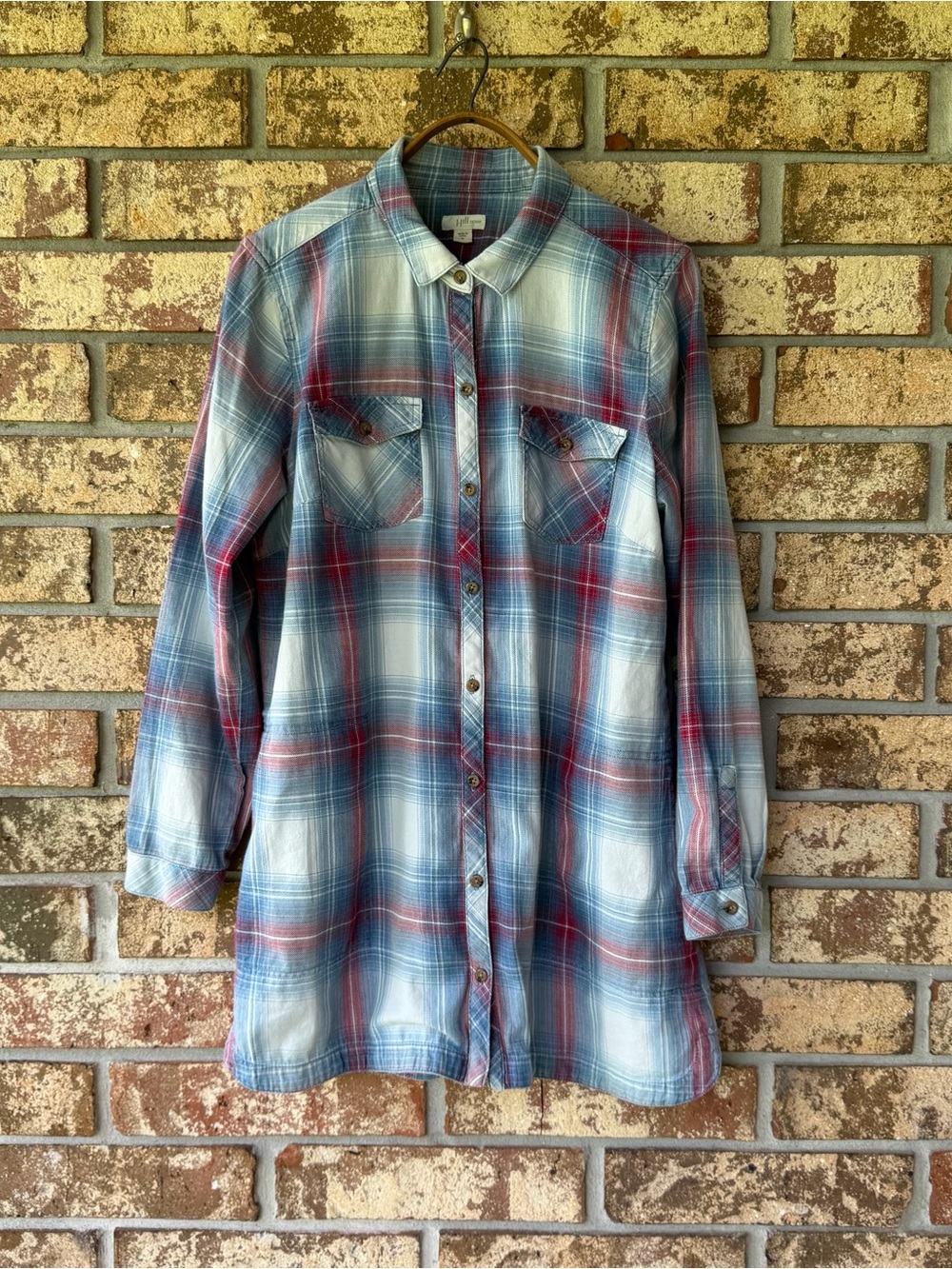 J. Jill Indigo Plaid Button-Up Tunic Top Women’s Size Medium Beautiful Condition